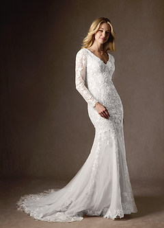 Azazie Dulce Amor Wedding Dresses Diamond White Mermaid V-Neck lace Tulle Dress image5