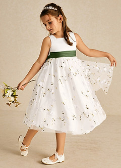 Azazie Pollie Flower Girl Dresses Ivory Olive A-Line Bow Tulle Dress image1