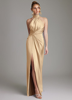 Azazie Gracelynn Vestidos de damas de honor Vestido de Champán de Satén Elástico de Corte Recto con Plisado image1