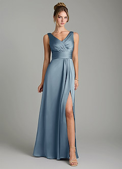 Azazie Karina Bridesmaid Dresses Dusty Blue A-Line Pleated Stretch Satin Dress image6