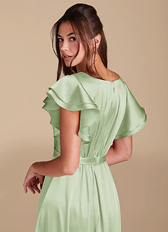 Azazie Daphne Modest Bridesmaid Dresses A-Line Ruched Metallic Satin Floor-Length Dress image6