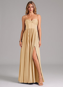 Azazie Tyla Bridesmaid Dresses Gold A-Line Sweetheart Neckline Stretch Satin Dress image1