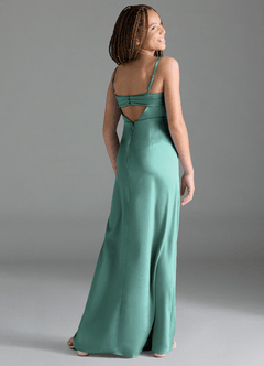 Azazie Leonis Junior Aqua A-Line Pleated Stretch Satin Dress image5