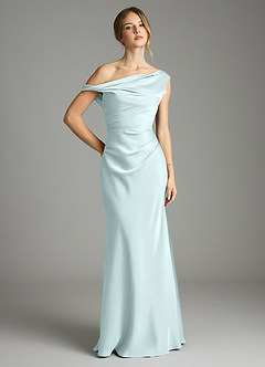 Azazie Emerson Bridesmaid Dresses Sea Glass Mermaid Off the Shoulder Stretch Satin Dress image1