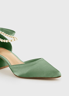 front Matching Color Matte Satin Pearl and Bow Pointed Toe Block Heels