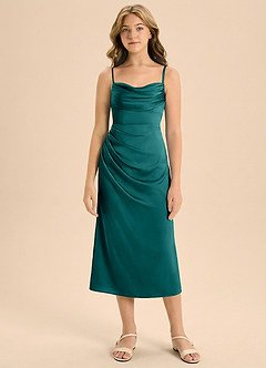 Azazie Mai Junior Skede Plisseret Stræk satin Te-længde Junior brudepige Kjole image3