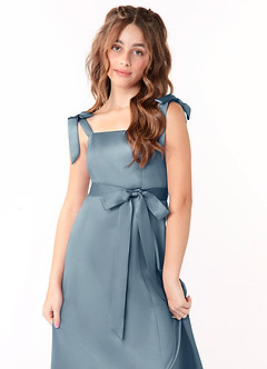 Azazie Barbara Junior Dusty Blue A-Line Bow Stretch Satin Dress image5