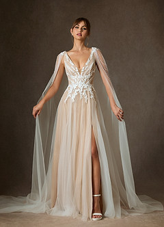 Azazie Goddess Wedding Dresses Diamond White Sand A-Line V-Neck Sequins Tulle Dress image1