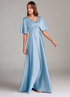 Azazie Pamela Robes de demoiselle d'honneur Robe Trapèze en Satin extensible Plissée Poudre Bleue image3