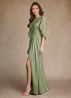 Azazie Hera Mother of the Bride Dresses Pistachio A-Line Lace Stretch Satin Dress image2