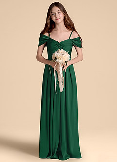 Azazie Kaitlynn Junior Abito A-Line in Raso Elasticizzato a Spalla Scoperta Verde Scuro image4