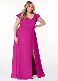 Azazie Claudine Final Sale Fuchsia A-Line Flutter Sleeve Chiffon Dress image10