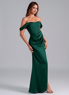Azazie Asha Bridesmaid Dresses Emerald Sheath Off the Shoulder Stretch Satin Convertible Dress image3