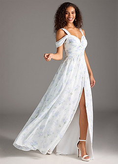 Azazie Lianne Bridesmaid Dresses Blue Vintage Floral A-Line Off the Shoulder Chiffon Dress image6