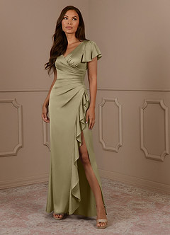 Azazie Roya Mère de la mariée Robes Robe Sirène en Satin extensible Col en V Plissé Vert Mousse image1