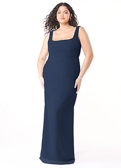 Azazie Flori Robes de demoiselle d'honneur Robe Fourreau en Mousseline de soie Col Carré Bleu Marine Foncé image9
