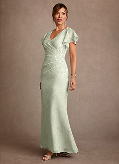 Azazie Dorina Mother of the Bride Dresses Dusty Sage Sheath Pleated Floral Jacquard Dress image4