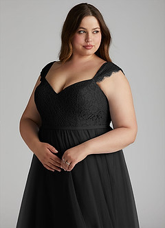 Azazie Luxi Vestidos de damas de honor Vestido de Negro de Tul de Corte en A con Plisado image7