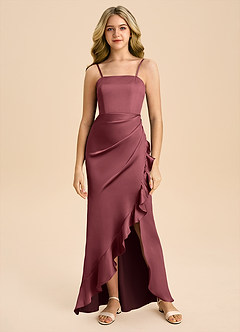 Azazie Buzzy Junior Merlot Sheath Pleated Stretch Satin Dress image3