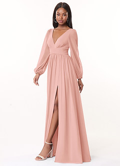 Azazie Norah Robes de demoiselle d'honneur Robe Trapèze en Mousseline de soie Col en V, manches longues Rosette image4