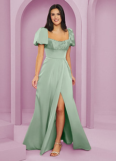 Barbie ♥ Azazie Bridesmaid Dresses Agave A-Line Ruched Stretch Satin Dress image6