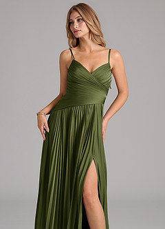 Azazie Vini Bridesmaid Dresses Olive A-Line Pleated Stretch Satin Dress image2