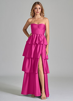 Azazie Faye Bridesmaid Dresses Fuchsia A-Line Ruched Stretch Satin Dress image3