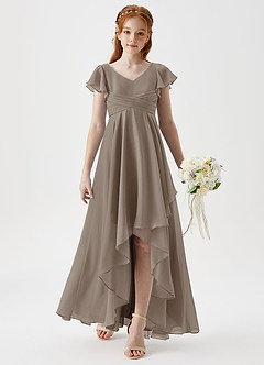 Azazie Caria Junior Taupe A-Line Pleated Chiffon Dress image3