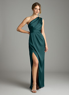 Azazie Emorie Final Sale Pine Sheath One Shoulder Stretch Satin Dress image1