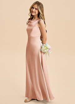 Azazie Kiki Junior Rose Gold A-Line Bow Stretch Satin Dress image1