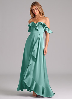 Azazie Lyra Jurken voor bruidsmeisjes Converteerbaar Jurk van Stretch Satijn met A-Lijn Off the Shoulder Aqua image4