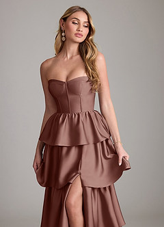 Azazie Faye Bridesmaid Dresses Espresso A-Line Ruched Stretch Satin Dress image5