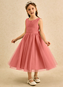 Azazie Macaron Flower Girl Dresses Salmon Pink A-Line Pleated Tulle Dress image4