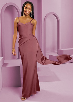 Barbie ♥ Azazie Robes de demoiselle d'honneur Robe Fourreau Convertible en Satin extensible Sans bretelle Rose Du Désert image3