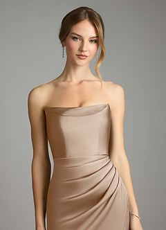 Azazie Leonis Bridesmaid Dresses Taupe Mermaid Pleated Stretch Satin Convertible Dress image4