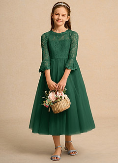 Azazie Lamb Girl Jurken voor bloemenmeisjes Baljurk Jurk van Kant Donkergroen image1