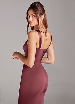 Azazie Denice Jurken voor bruidsmeisjes Jurk van Stretch Satijn met Kolom Geplooid Merlot image5