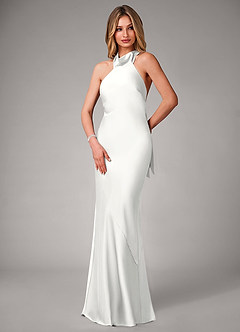 Azazie Velli Brautjungfernkleider Meerjungfrau-Linie Hoher Kragen Stretch-Satin Kleid Weiß image3