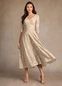 Azazie Durant Mother of the Bride Dresses Champagne A-Line Pleated Floral Burnout Dress image2