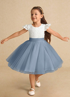 Azazie Vetty Flower Girl Dresses Ivory Dusty Blue A-Line Lace Tulle Dress image5