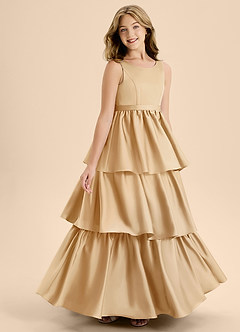 Azazie Meadowyn Junior Abito A-Line in Raso Elasticizzato Fiocco Oro image3