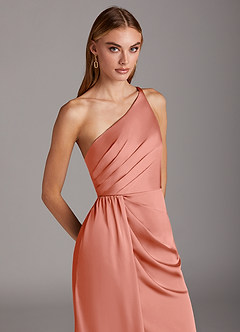 Azazie Mika Bridesmaid Dresses Coral Sheath One Shoulder Stretch Satin Dress image7
