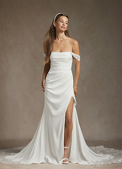 Azazie Rosalia Wedding Dresses Diamond White Mermaid Off-The-Shouler Sequins Crepe Back Satin Dress image4
