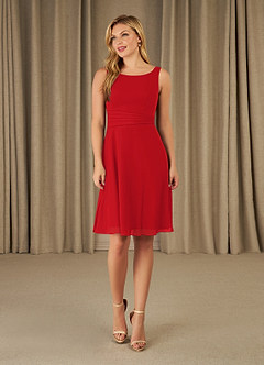 Azazie Shirley Final Sale Red A-Line Scoop Pleated Chiffon Dress image4
