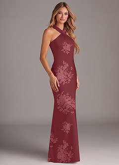 Azazie Doretta Bridesmaid Dresses Burgundy Floral Bouquet Mermaid Pleated Stretch Satin Dress image3