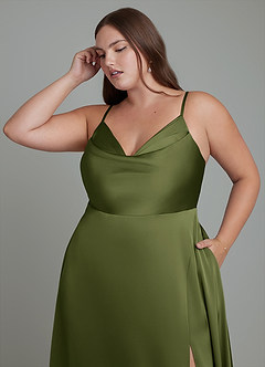 Azazie Sarella Bridesmaid Dresses Olive A-Line Pleated Stretch Satin Dress image9