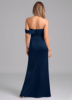 Azazie Lisbeth Vestidos de madrinha de casamento Vestido Azul Marinho de Cetim elástico de sereia com Fora do ombro image7