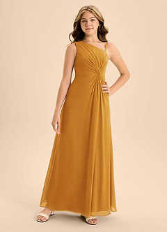 Azazie Brooke Junior Robe Trapèze en Mousseline de soie Fente Latérale Caramel écossais image4