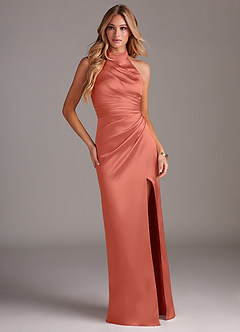 Azazie Jemma Robes de demoiselle d'honneur Robe Fourreau en Satin extensible Plissée Rose Saumon image3