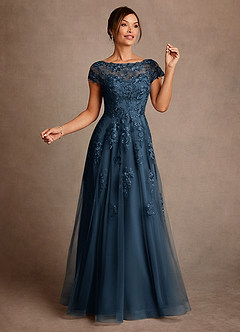 Azazie Jalinda vestidos de madre de la novia Vestido Azul Marino Oscuro de Gasa de Corte en A con Encaje image3
